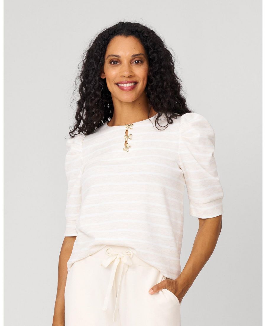 

Женская блузка с пышными рукавами и бантом Cable & Gauge, Oatmeal heather & white