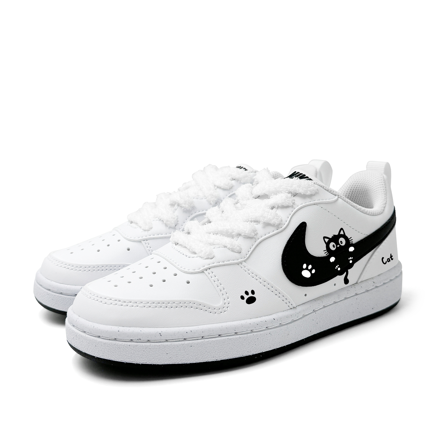 Nike Детские низкие скейтбордистские кроссовки Court Borough Black White Hanging Kitten из синтетической кожи, устойчивые к истиранию — фото 4