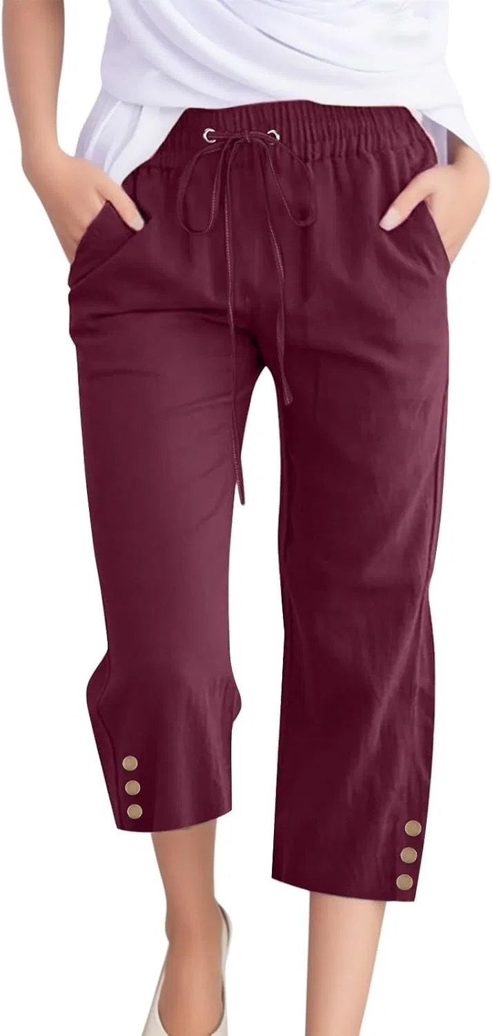 Штаны капри, повседневные, Linen Capri Pants, винный