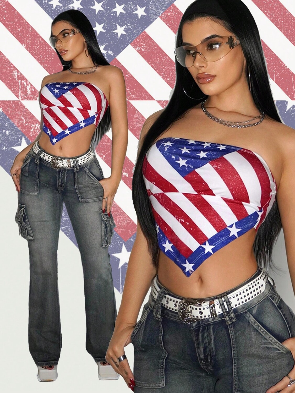 

SHEIN ICON женская летняя одежда Y2k, модный топ без бретелек с принтом американского флага, подходит для Дня независимости, многоцветный