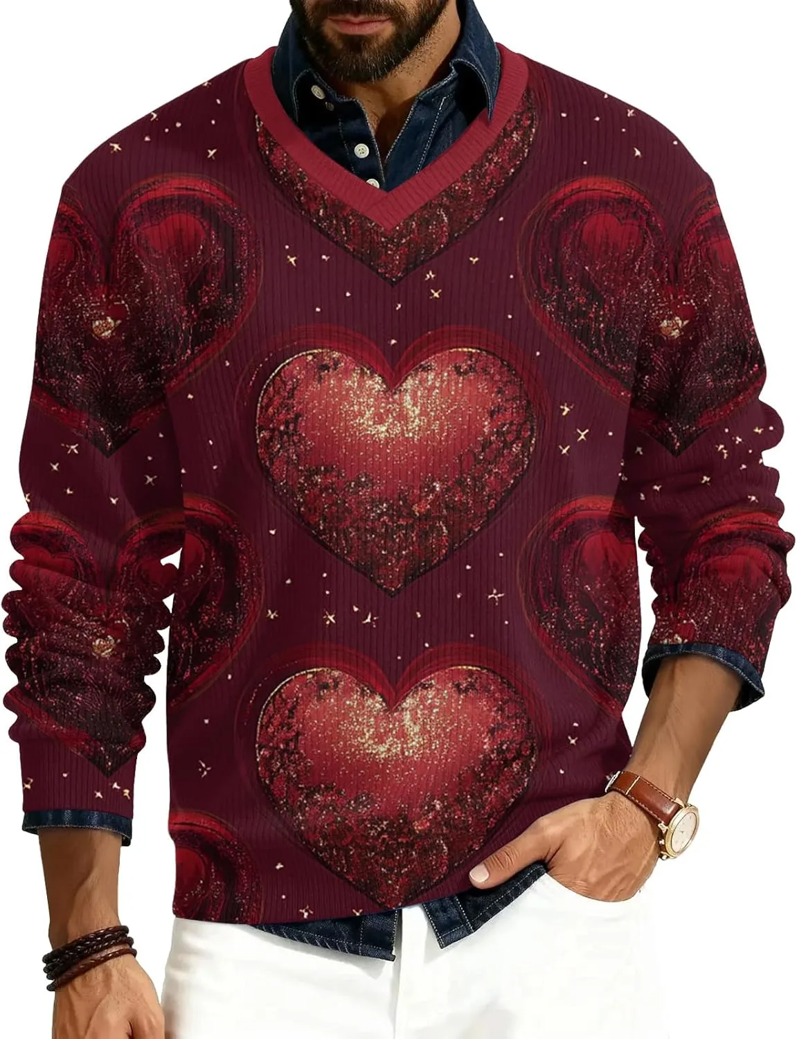 

Мужская футболка V-образный вырез с сердечками, длинный рукав