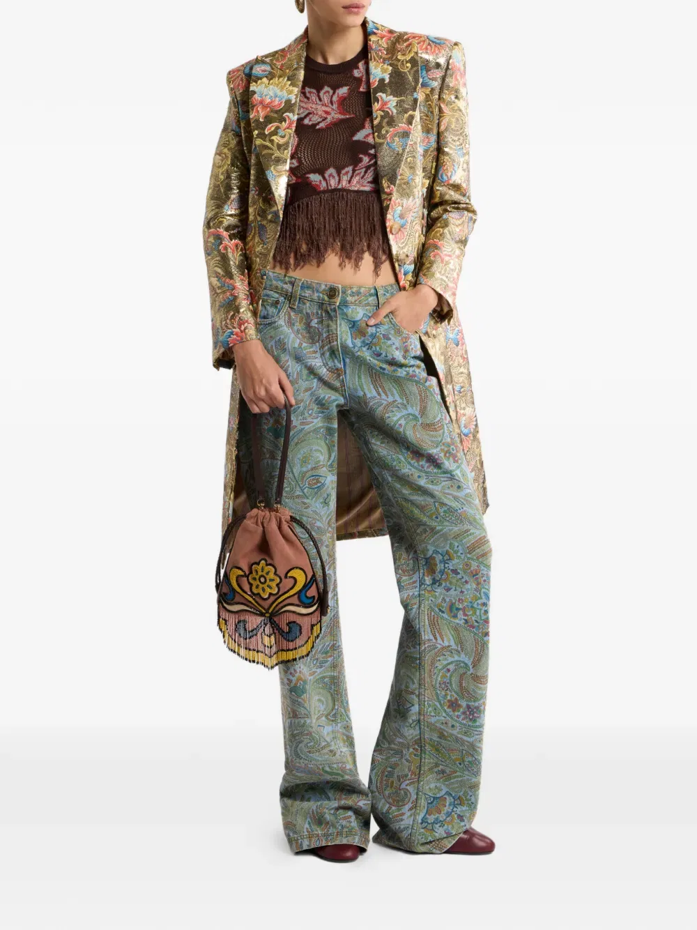 Топ с бахромой и цветочным декором Etro, коричневый — фото 2