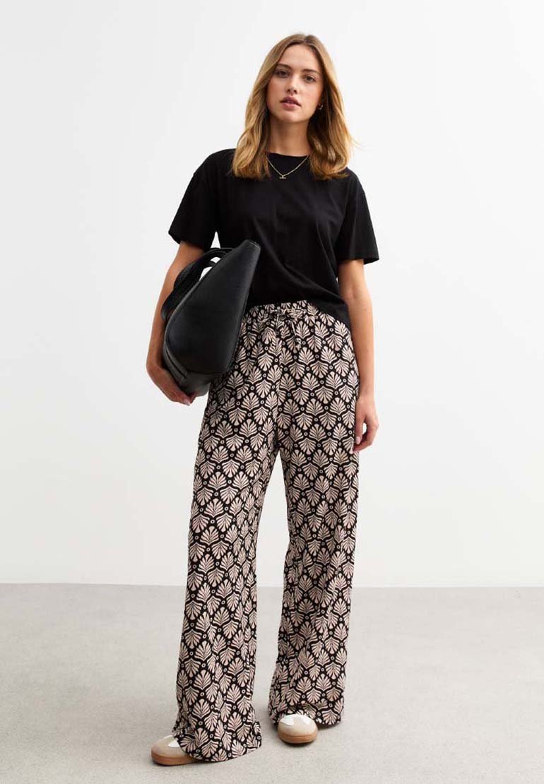 

Брюки BLACK FAN PRINT TEXTURED WIDE LEG TROUSERS New Look, черный
