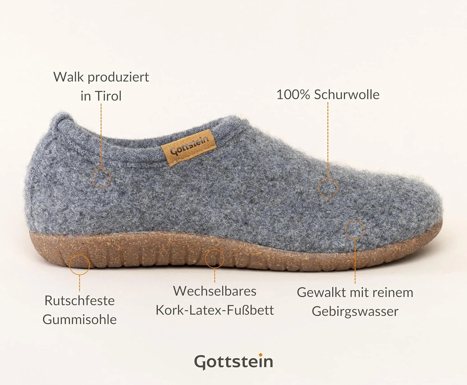 Войлочные тапочки Gottstein Alpine Midcut RU - закрытые и легкие, для женщин и мужчин, изготовлены из чистой натуральной шерсти с нескользящей пробковой резиновой подошвой, Grey — фото 3