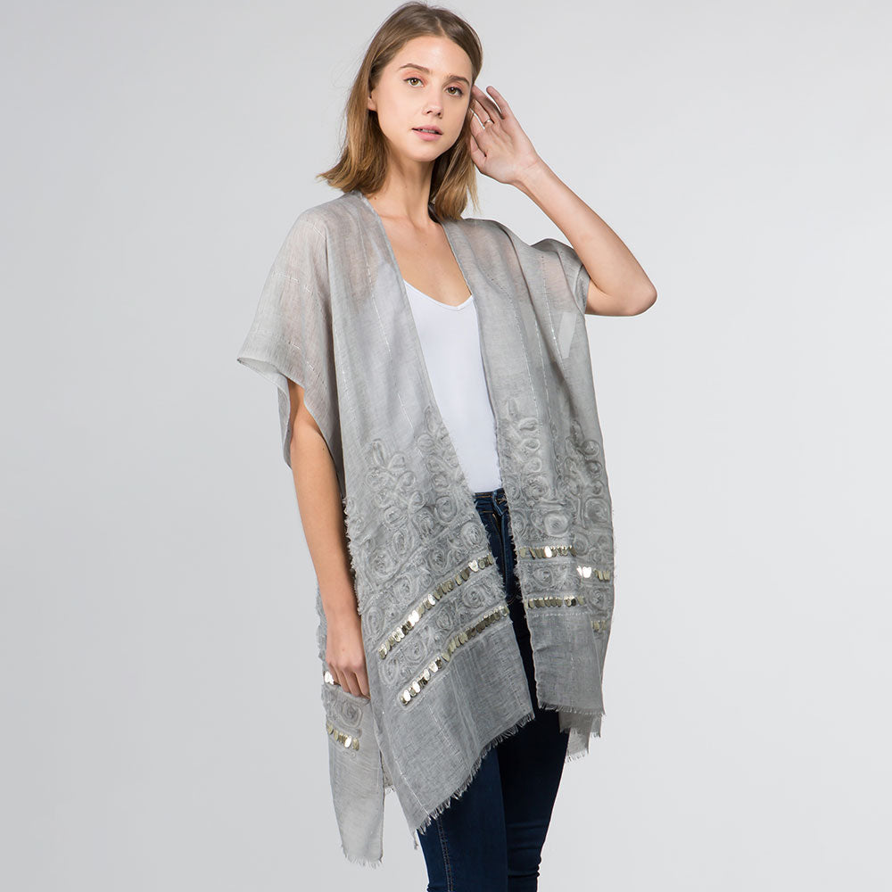 

Цветочная вышивка кимоно пончо с открытой передней частью TRUEDAMES, серый