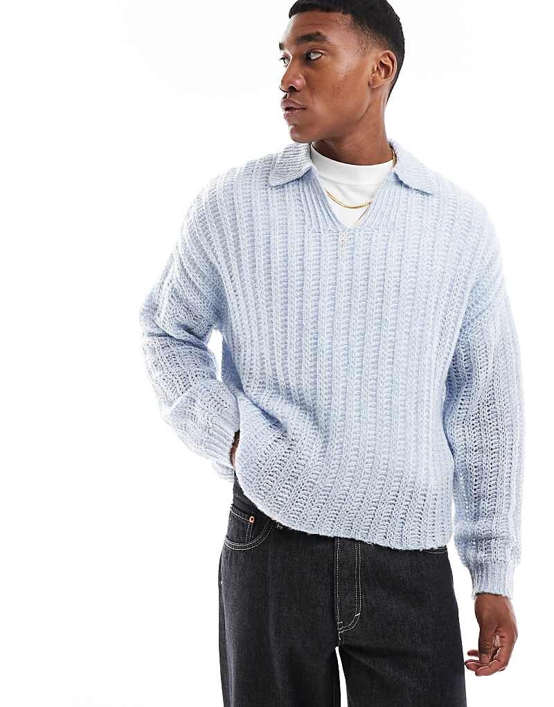 

Голубой ажурный свитер в рубчик с вырезом ASOS DESIGN