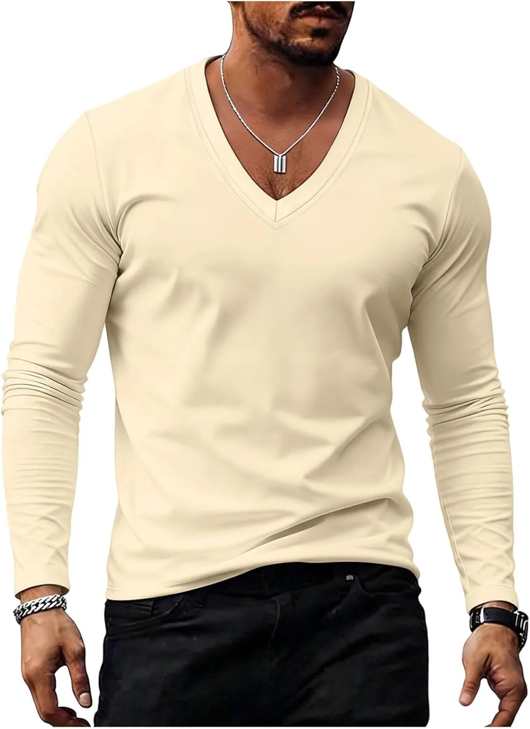 

Мужская футболка с длинным рукавом oversize V-образным вырезом