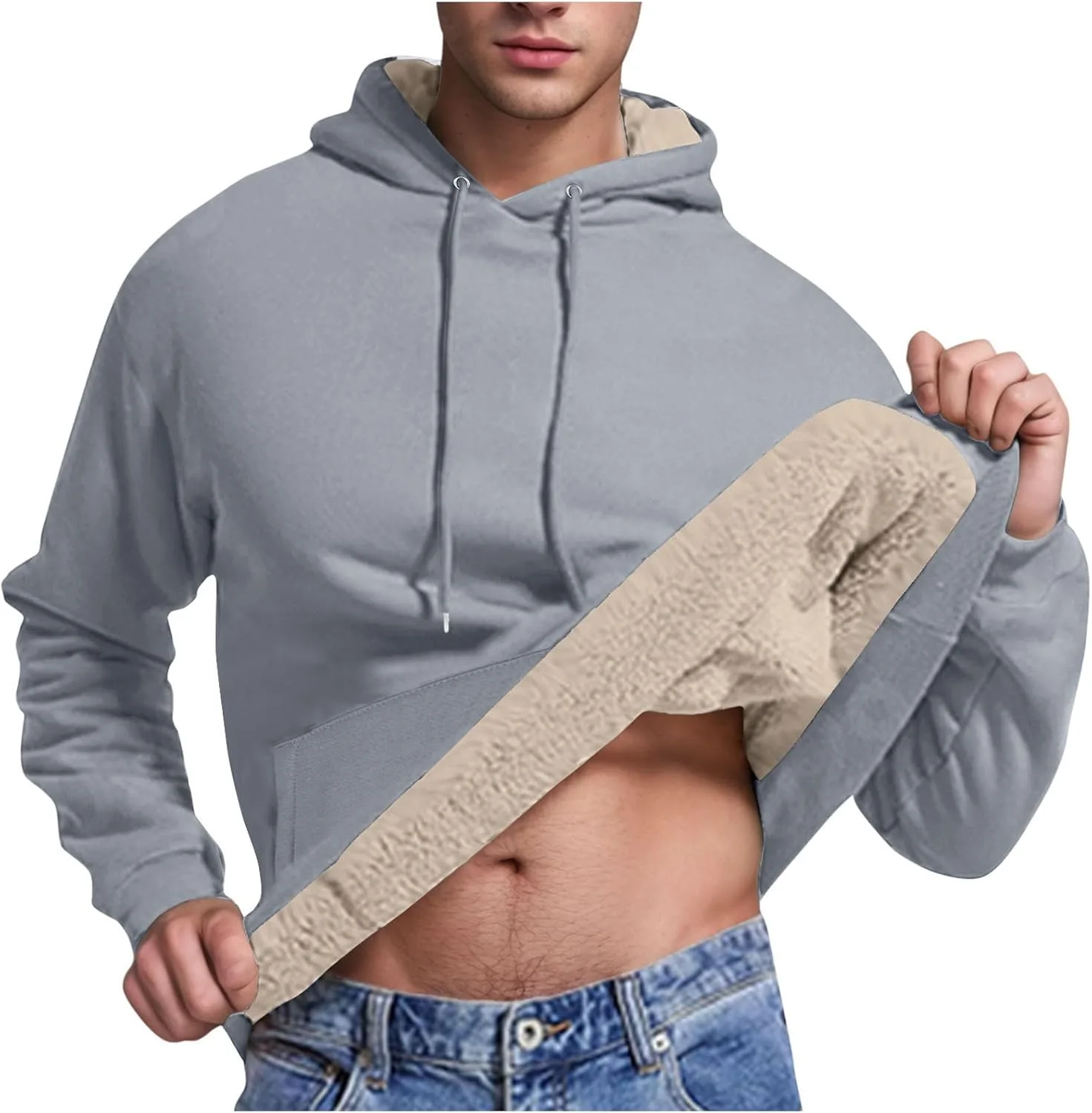 

Толстовка с капюшоном из флиса для мужчин, длинный рукав, однотонная