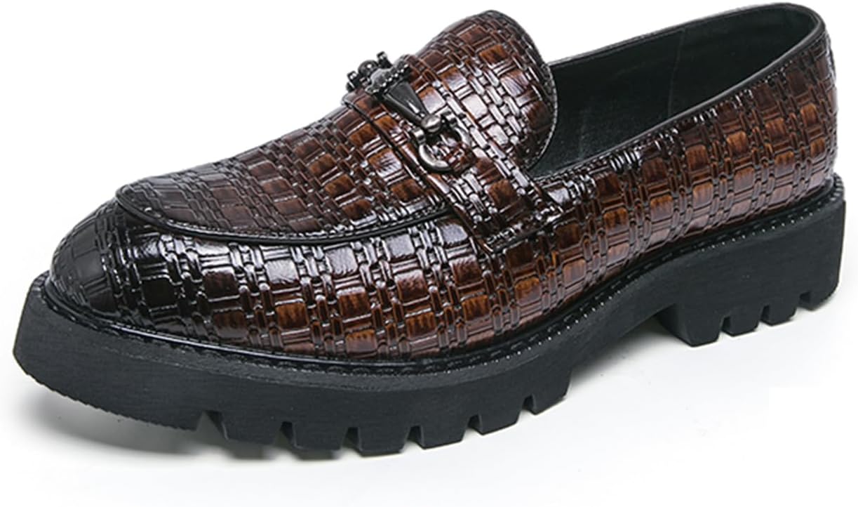 

Мужские стильные классические кожаные лоферы с текстурой, с толстой подошвой и металлической пряжкой, верх из кожи, нескользящая подошва, для делового и повседневного офисного ношения Psieicwm, коричневый