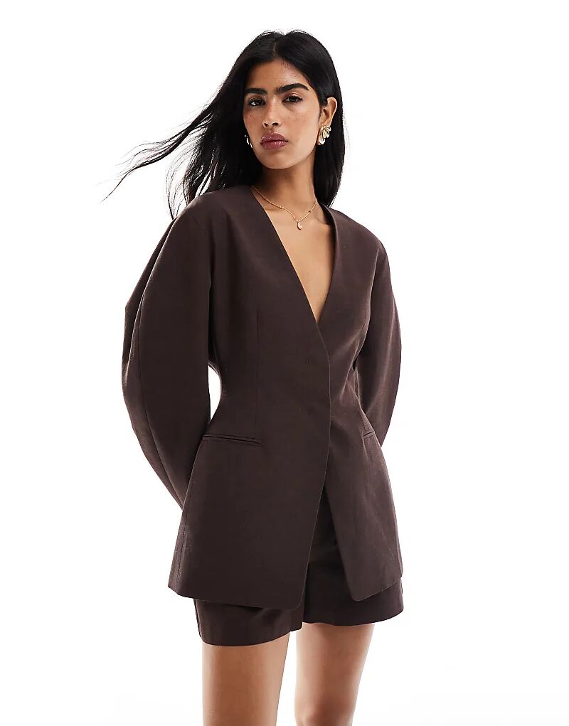 

Блейзер без воротника ASOS DESIGN из льняной смеси шоколадного цвета