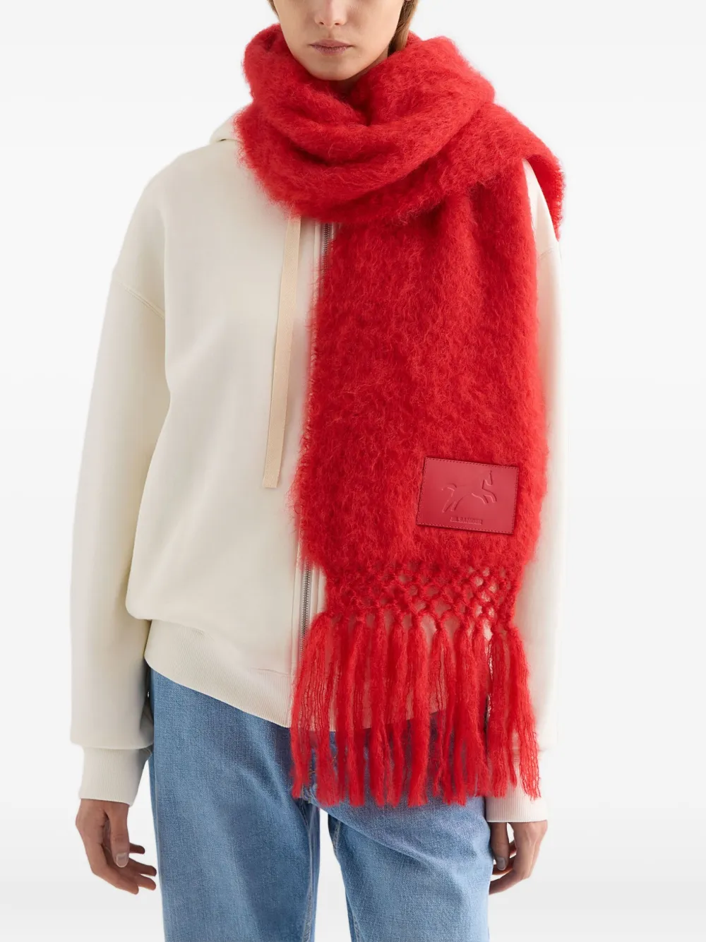 Шарф с бахромой и нашивкой Jil Sander, красный — фото 3