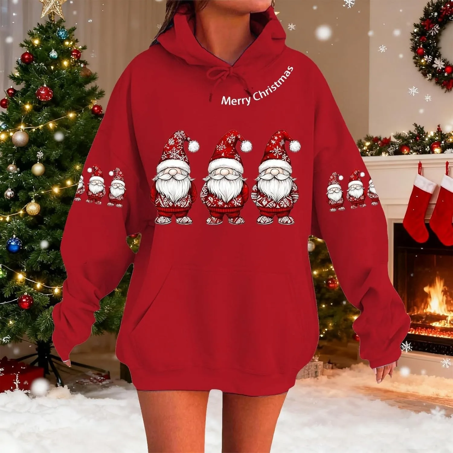 Женский худи с новогодним принтом, Fleece, Long Sleeve, Red Wine Glass Print — фото 2