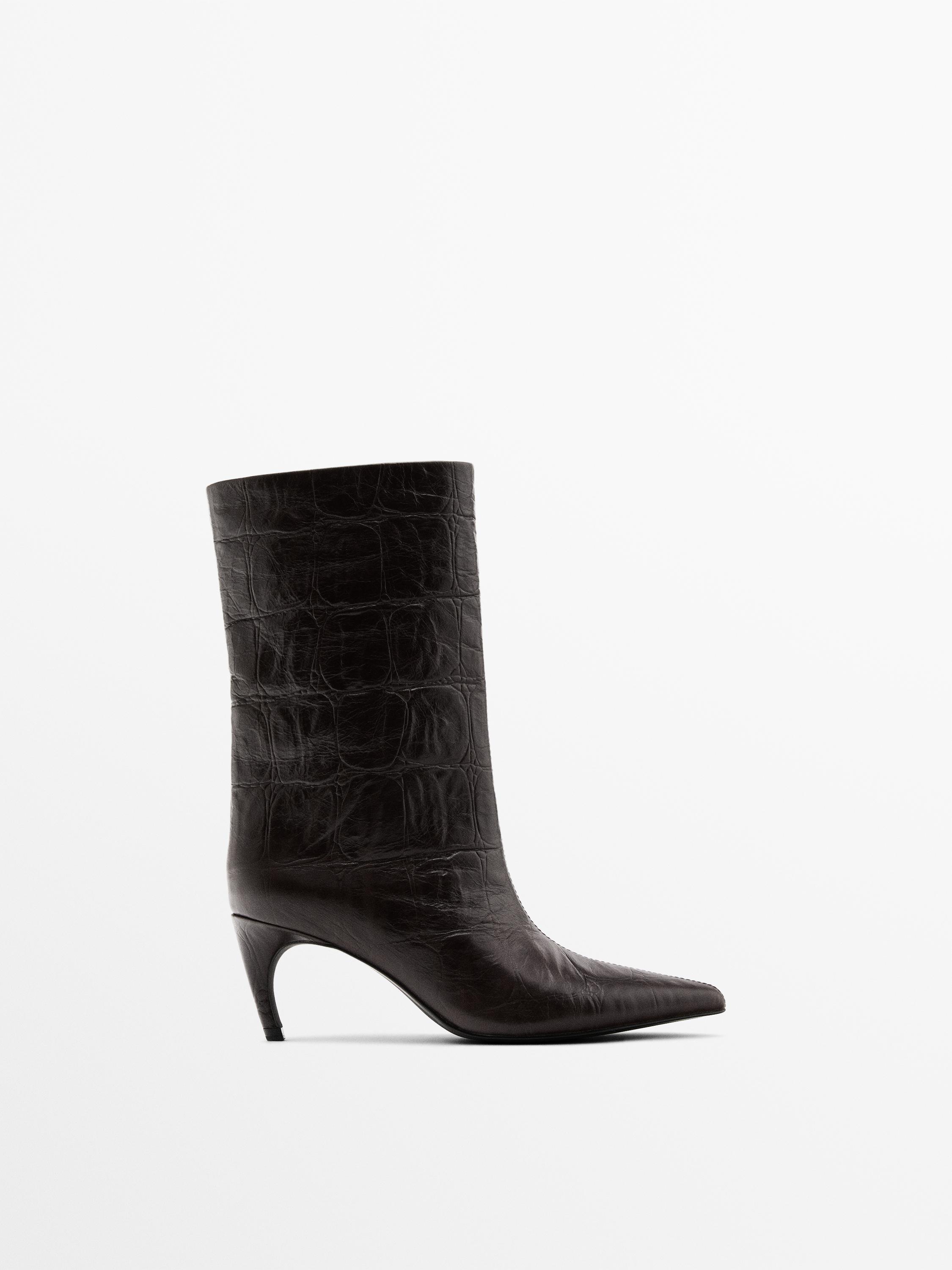 Ботильоны из тисненой кожи на высоком каблуке Massimo Dutti, коричневый