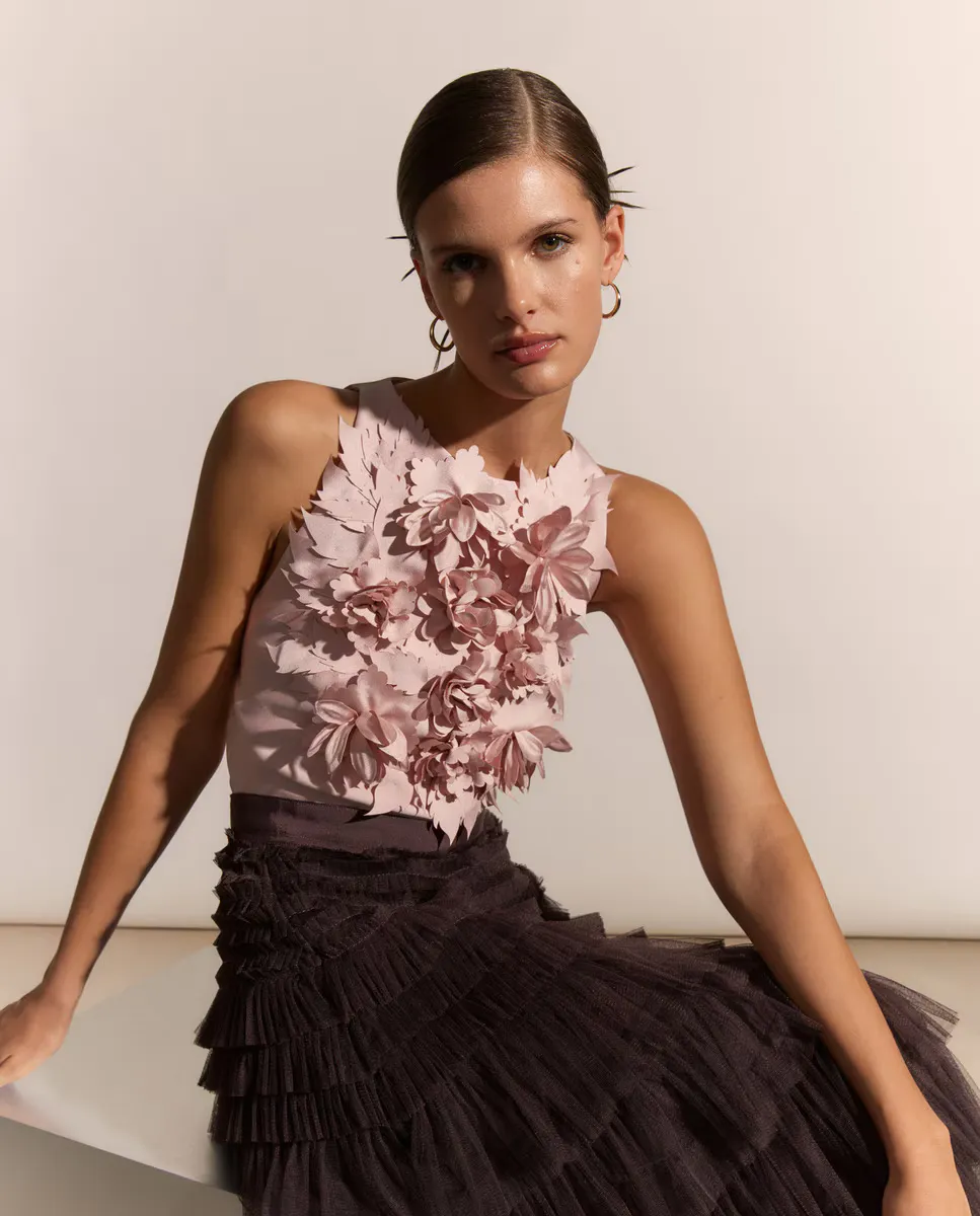 

Топ с принтом и халтером Woman Fiesta El Corte Inglés, цвет Rosa claro