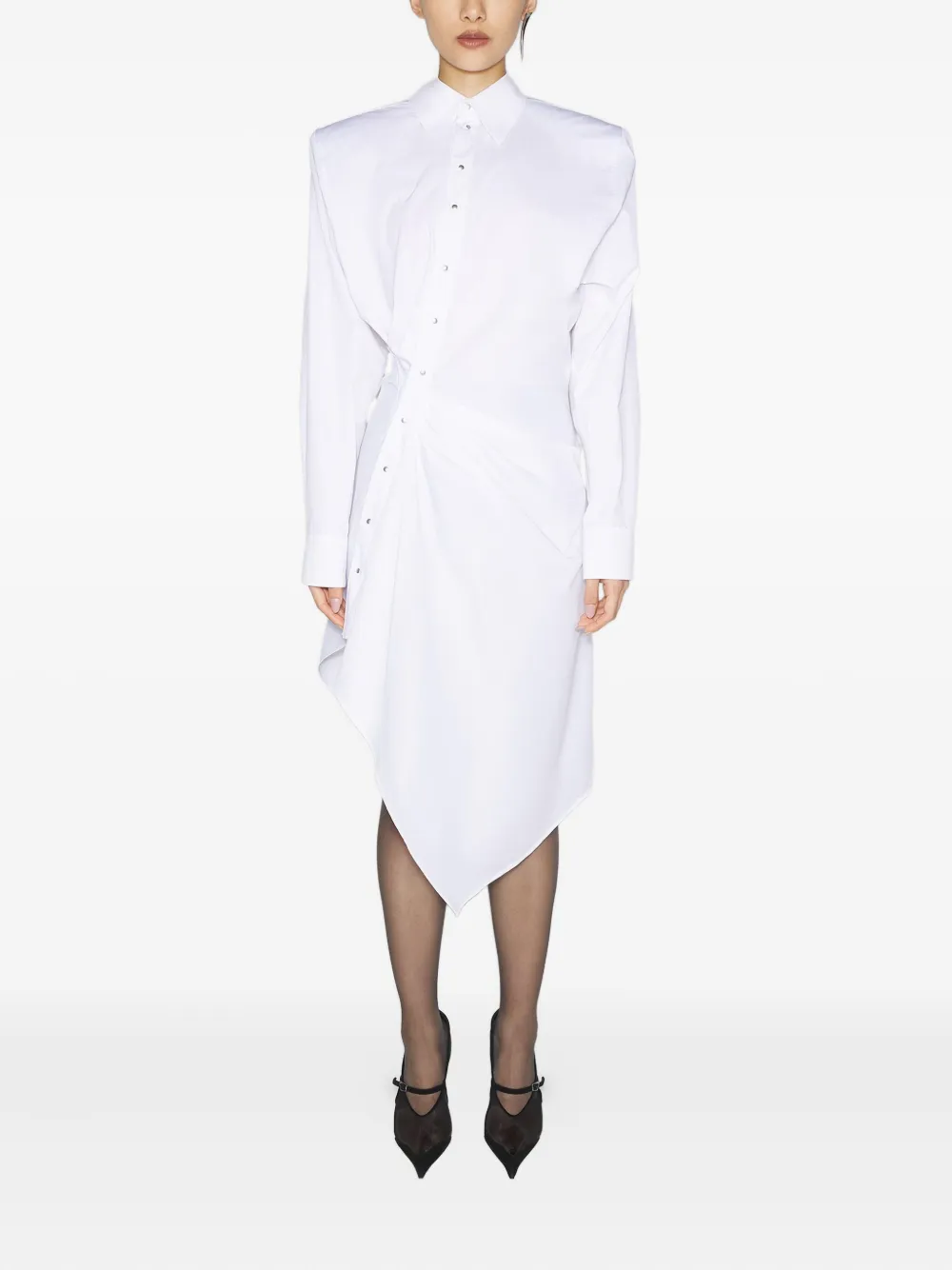 Платье-рубашка асимметричного кроя с объемными плечами Mugler, белый — фото 2
