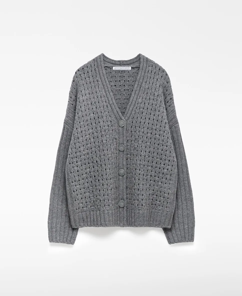

Женский шерстяной кардиган с ажурной вязкой Adolfo Dominguez, темно-серый