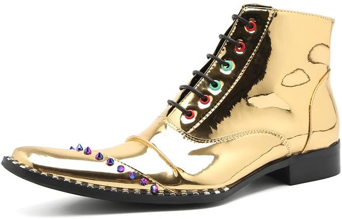 

Мужские ботинки Santimon из глянцевой кожи с шнуровкой, заклепками и молнией на щиколотке - повседневные, вечеринка, свадьба, выступления, диско, золотой