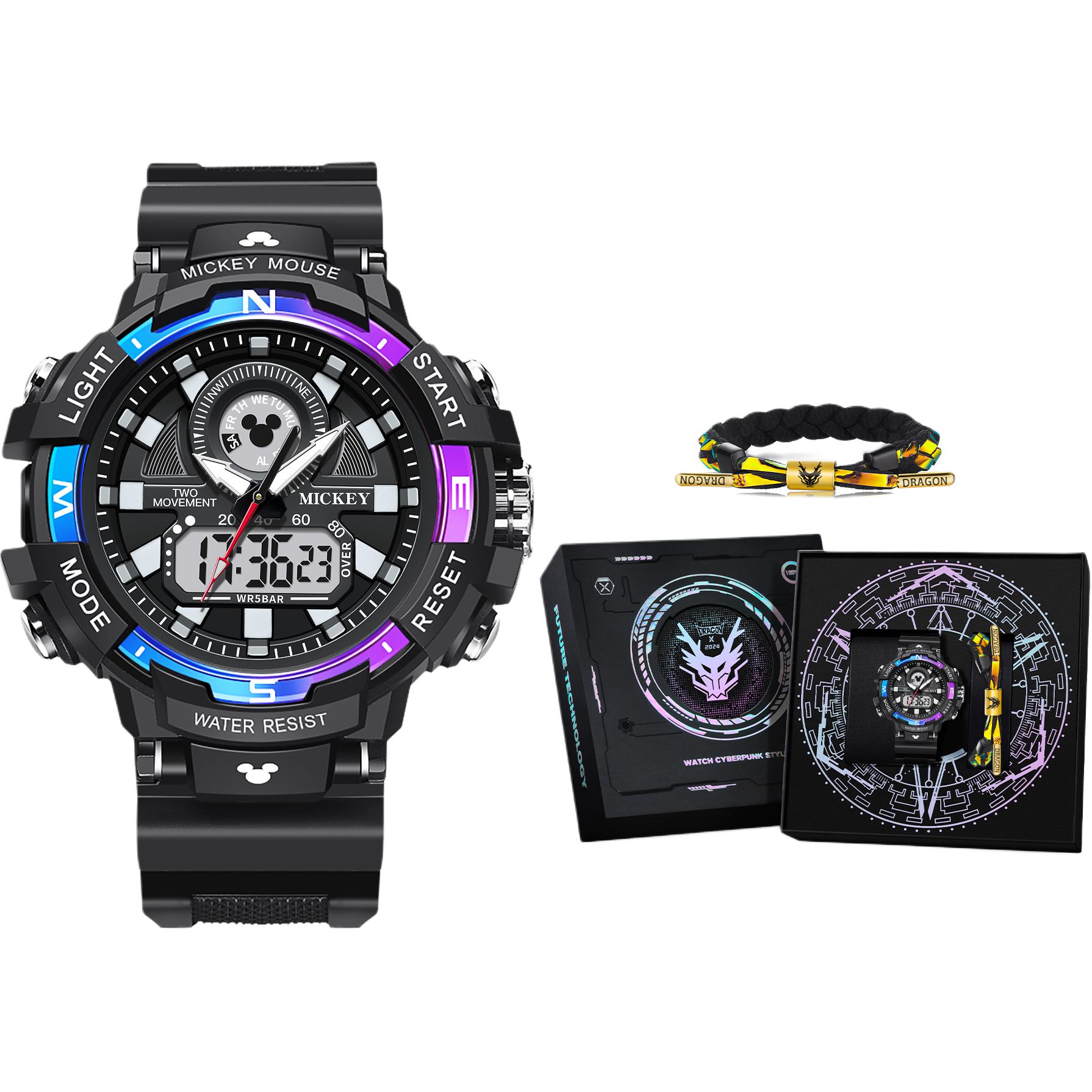 

Disney Часы Mickey Series Electronic Movement Rubber Strap Watch Men's Watch Black Dial, Electric Glow Dazzling Color Purple[Year of The Dragon Limited Edition-Future Technology Gift Box Set-Black-Includes Year of The Dragon Bracelet]
