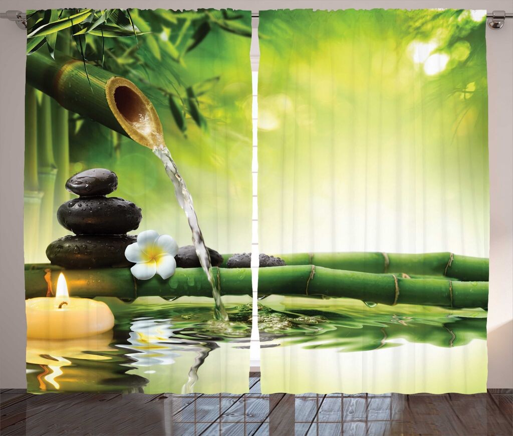 

Занавеска ABAKUHAUS Spa в деревенском стиле, бамбуковые камни для медитации, ленточная штора с рюшами для спальни, петлями и крючками, 280 x 175 см, разноцветная