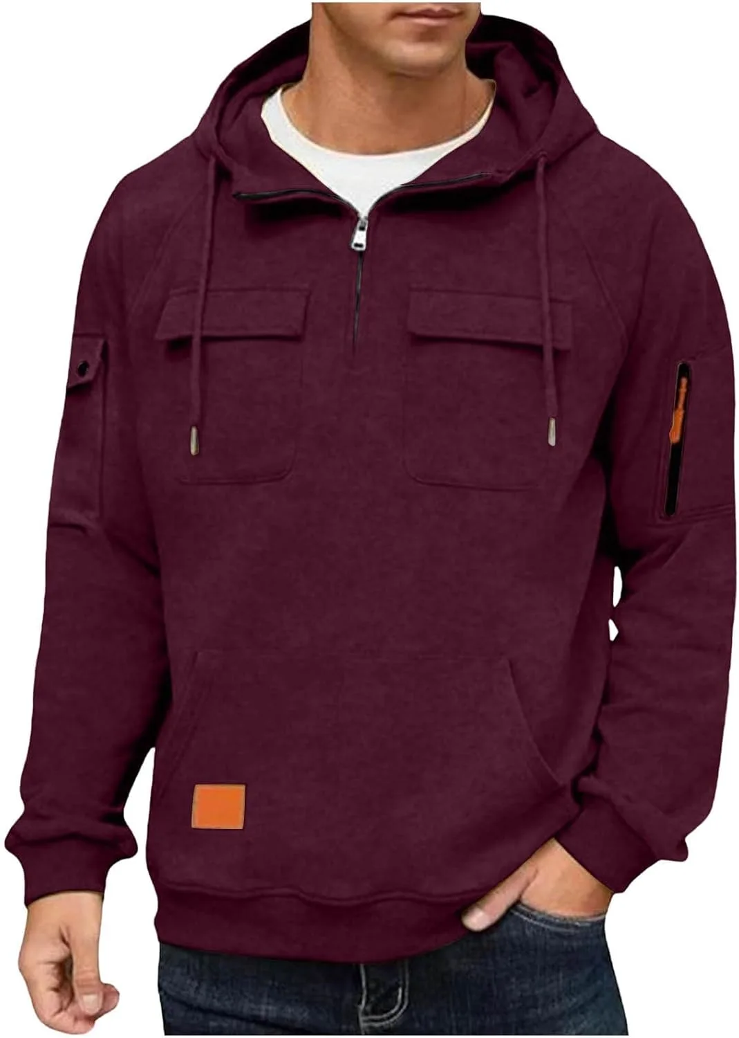 

Худи для мужчин с четвертью молнией, оверсайз, винтаж, с карманами