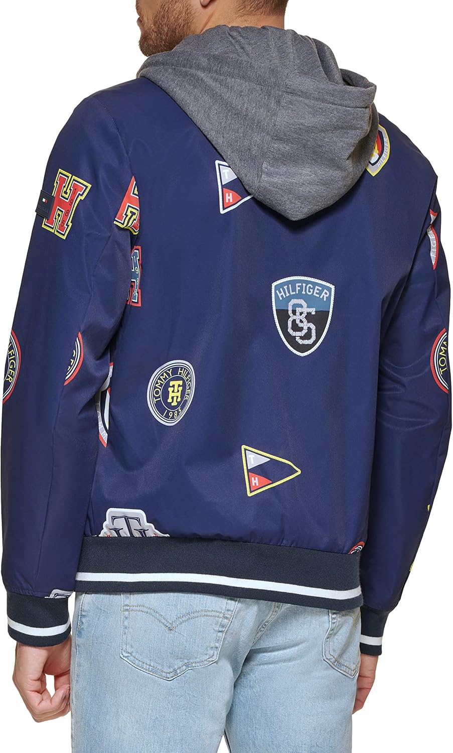 Мужская модная куртка-бомбер Tommy Hilfiger с прикрепленным трикотажным капюшоном, Navy Flag Print — фото 4