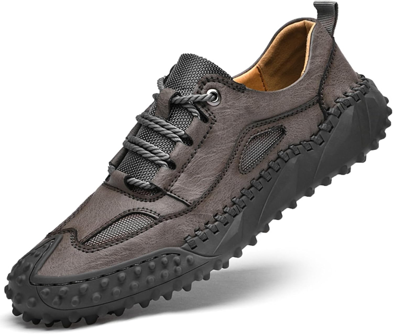 

Мужские премиальные туфли из коровьей кожи для прогулок, легкая шнуровка, повседневные кроссовки, плоская обувь для вождения, ручная строчка, сетчатая подкладка, на все сезоны Aokisx, серый