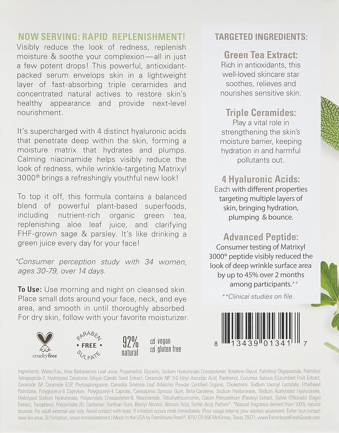 Сыворотка Farmhouse Fresh — Green Fixer Peptides Serum, успокаивающий эликсир с гиалуроновой кислотой и органическим, 30 мл — фото 3