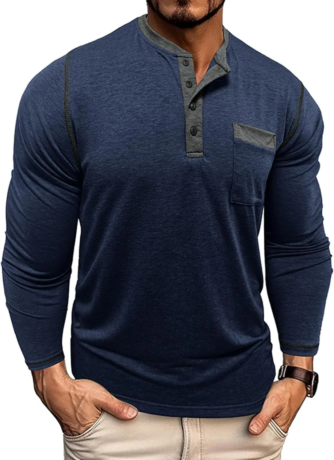 

Мужская хлопковая футболка-хенли с длинным рукавом и карманом Sdeycui