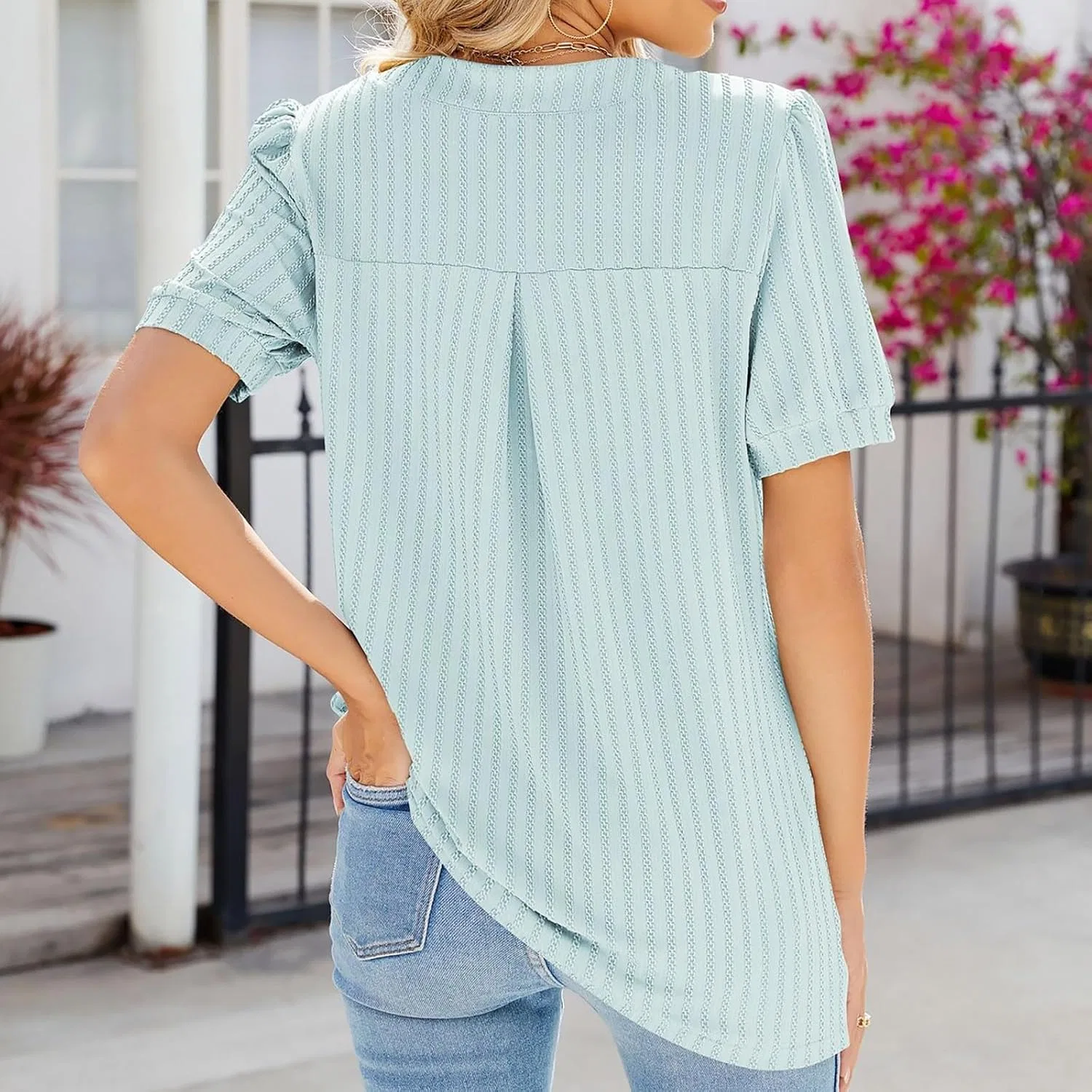 Блуза с воланами Chain Jacquard V Neck Ruffle, синий — фото 4