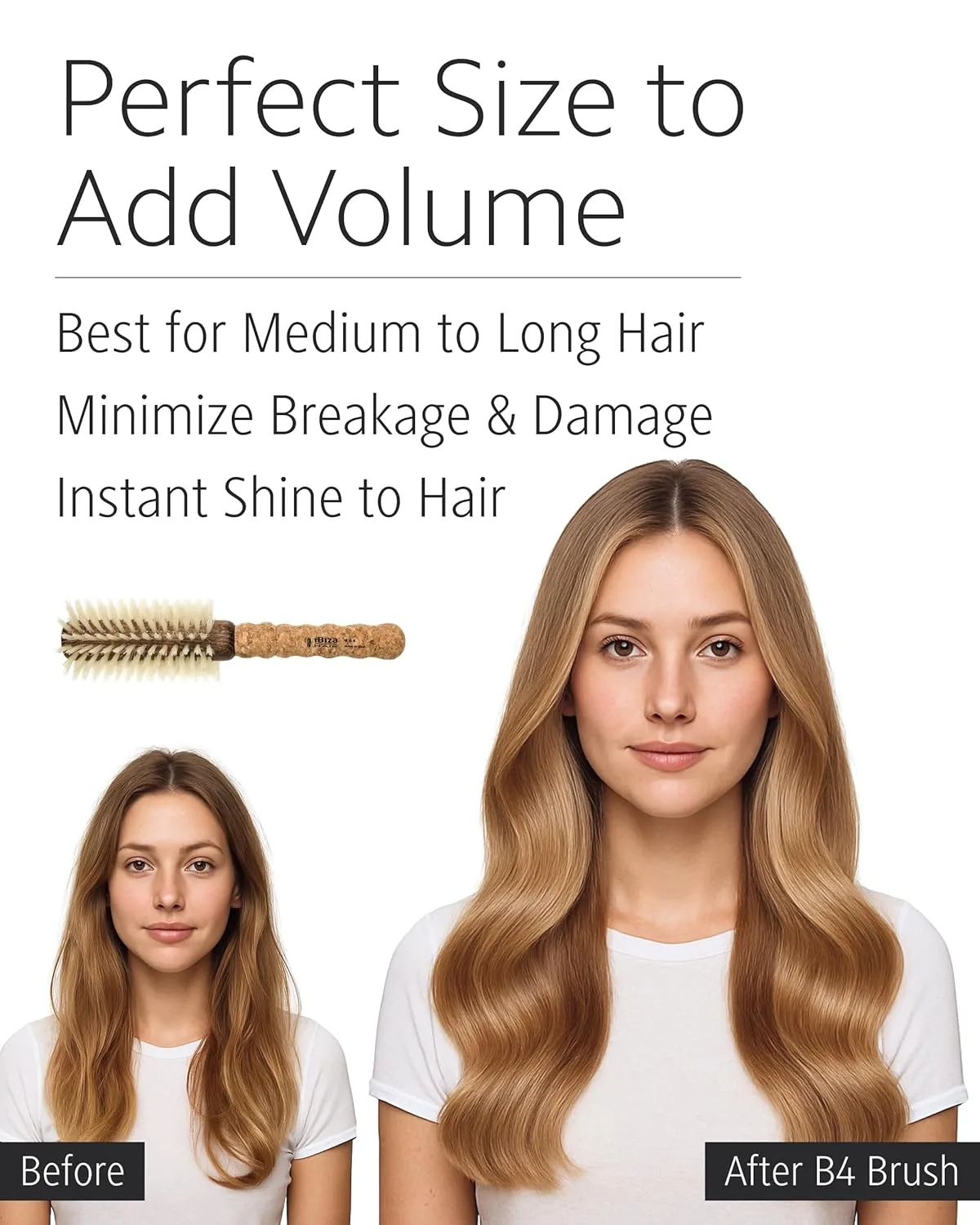 Круглая щетка для волос Ibiza Hair с щетиной из кабаньей щетины (серия B) | Светлая щетина, пробковая ручка | Идеально подходит для окрашенных и тонких волос | Придает текстуру и блеск B4, White — фото 4