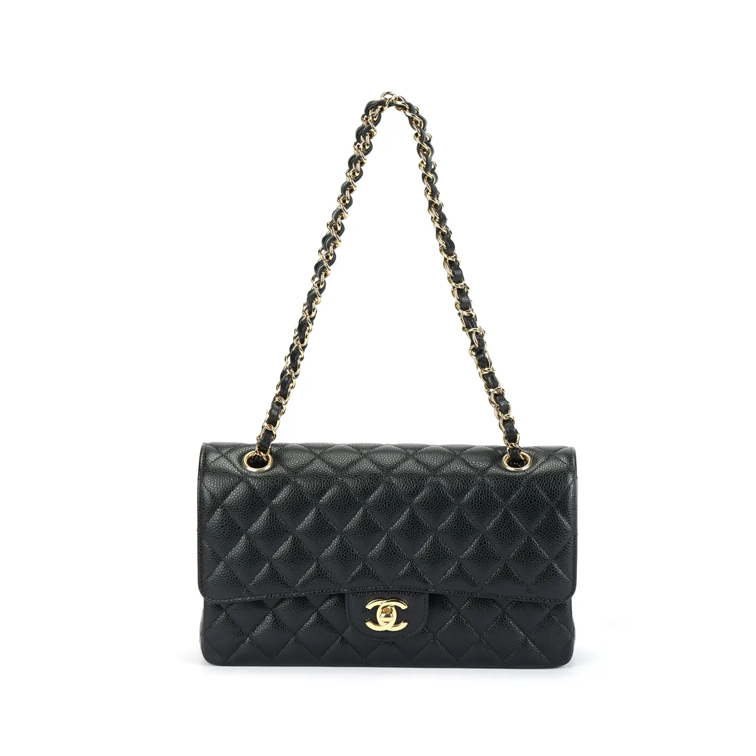 

CHANEL Классическая стеганая сумка с двойным клапаном из кожи зернистой фактуры среднего размера черного цвета с золотистой фурнитурой