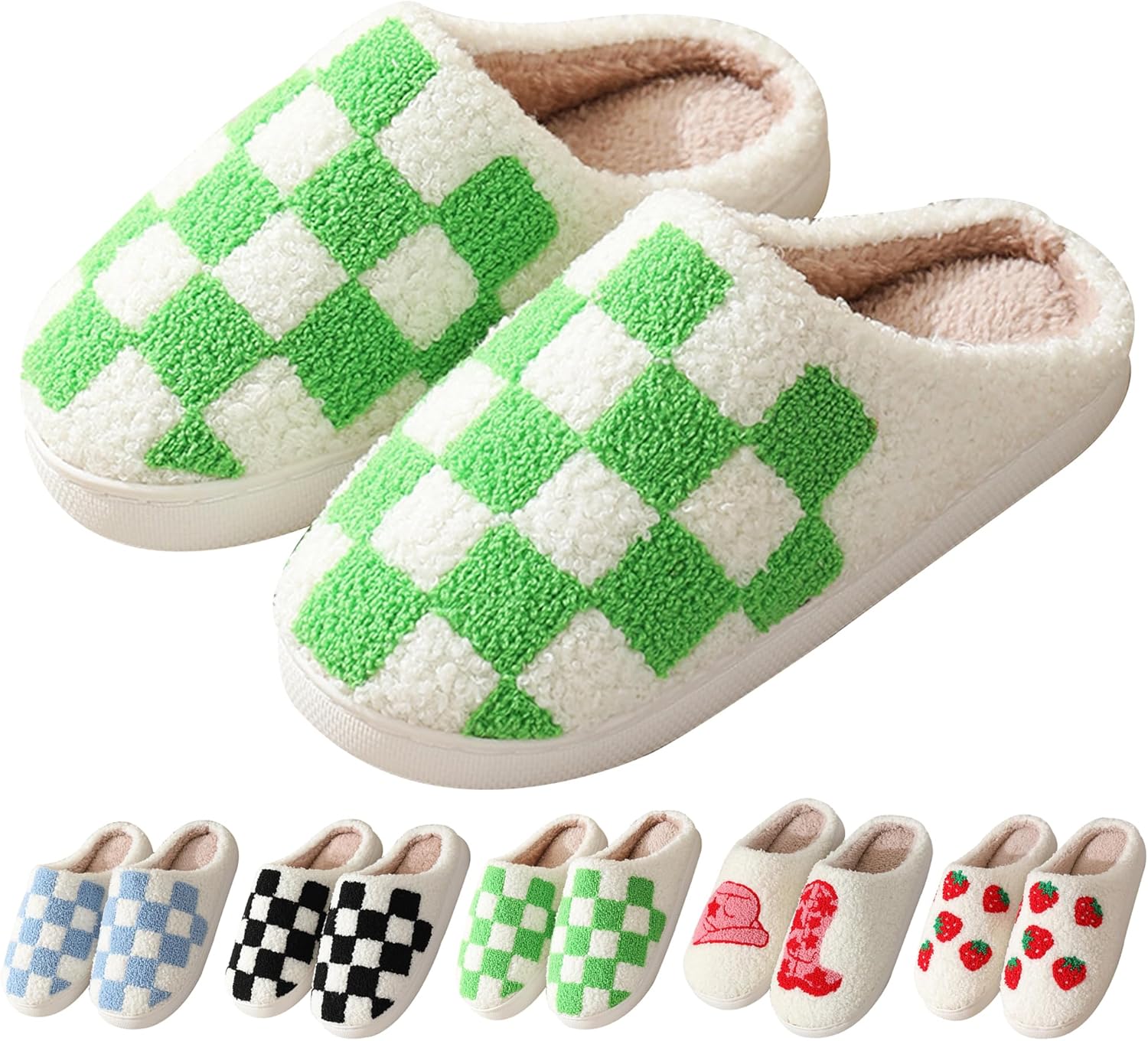 

Домашние тапочки vkxqtep для женщин и мужчин, плюшевые теплые мягкие тапочки, уютные клетчатые тапочки с эффектом памяти, тапочки для дома и улицы с мехом, зеленый