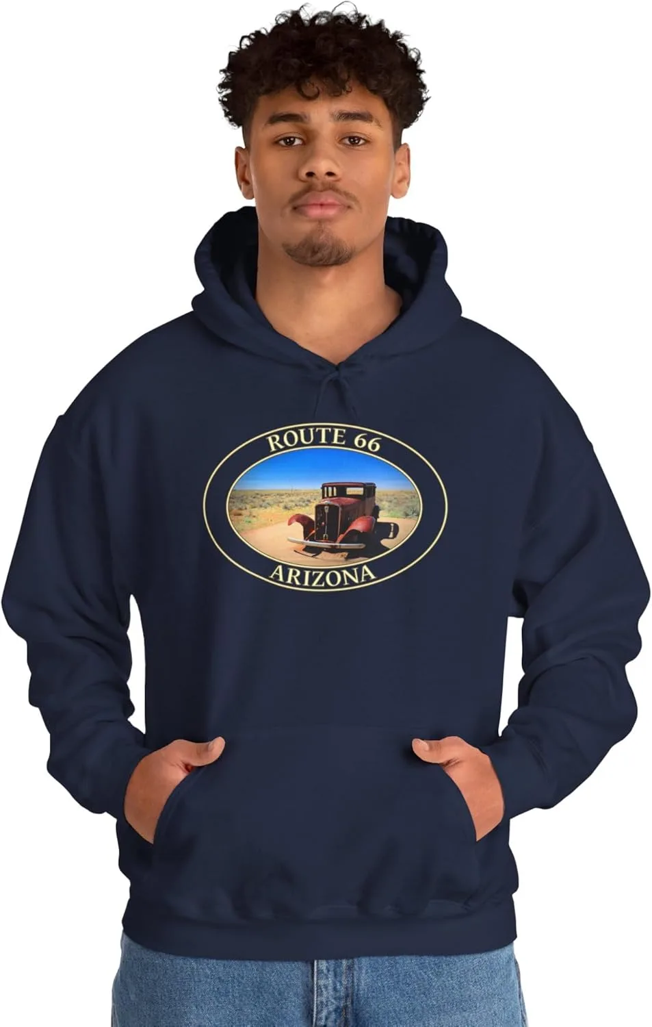 Толстовка Route 66 Arizona с изображением старинного автомобиля - GentleSeas Cozy Pullover Sweatshirt - Мягкая теплая флисовая толстовка для любителей путешествий GENERIC, темно-синий — фото 2