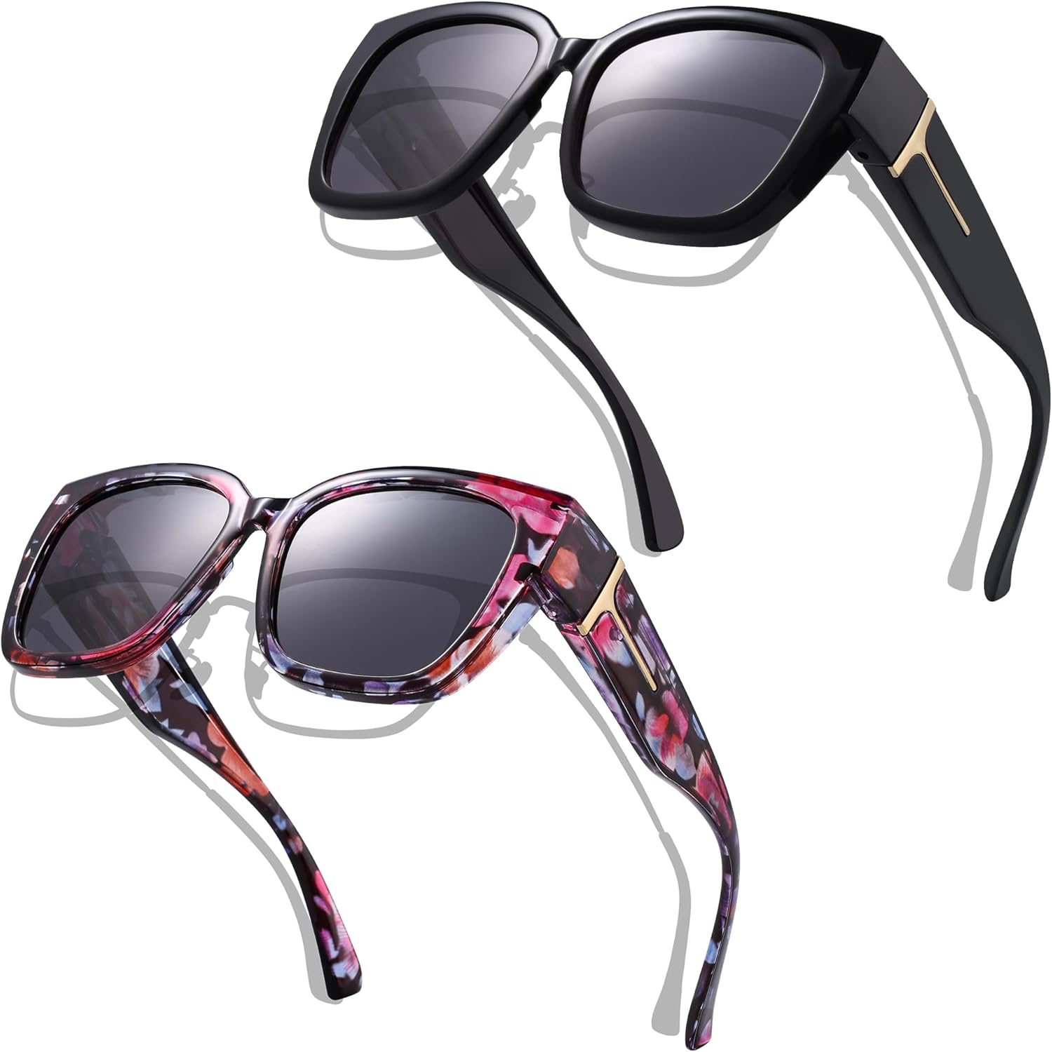 

Комплект из 2 поляризованных солнцезащитных очков KesaPlan для женщин и мужчин, большие квадратные очки с обтекаемой формой и защитой от УФ-излучения, A5 Black/Grey+ Floral/Grey