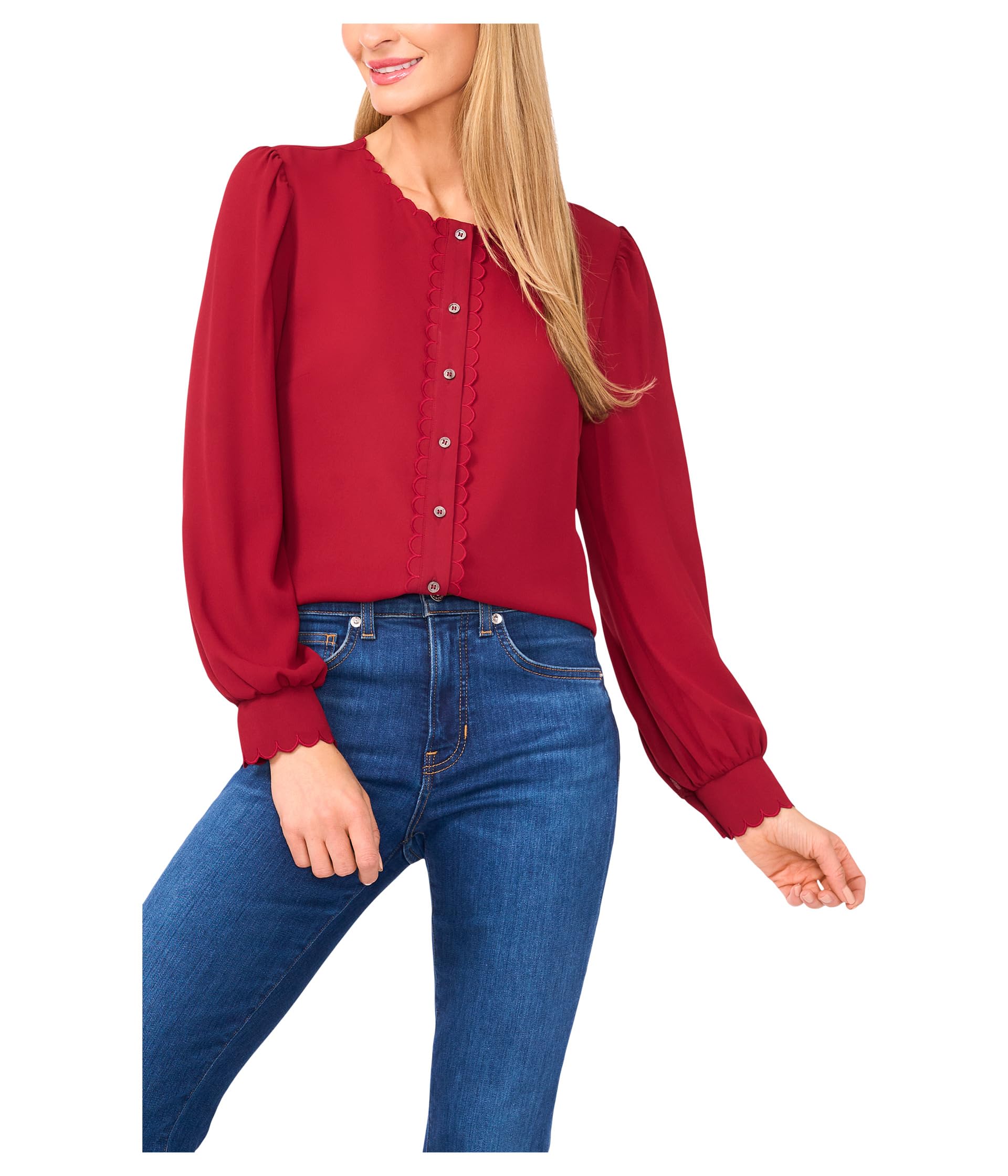 

Топ CeCe Long Sleeve Button Down Scalloped Top, цвет Mulberry Red