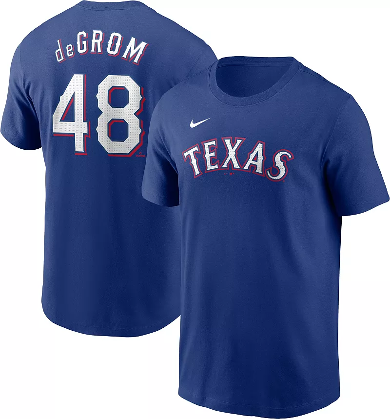 

Мужская синяя футболка Nike Texas Rangers Jacob deGrom #48