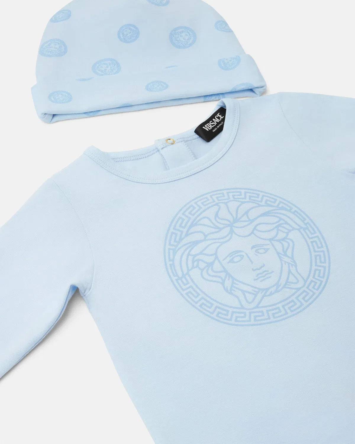 Детский комплект слипов из хлопкового интерлока с принтом VERSACE, голубой — фото 4