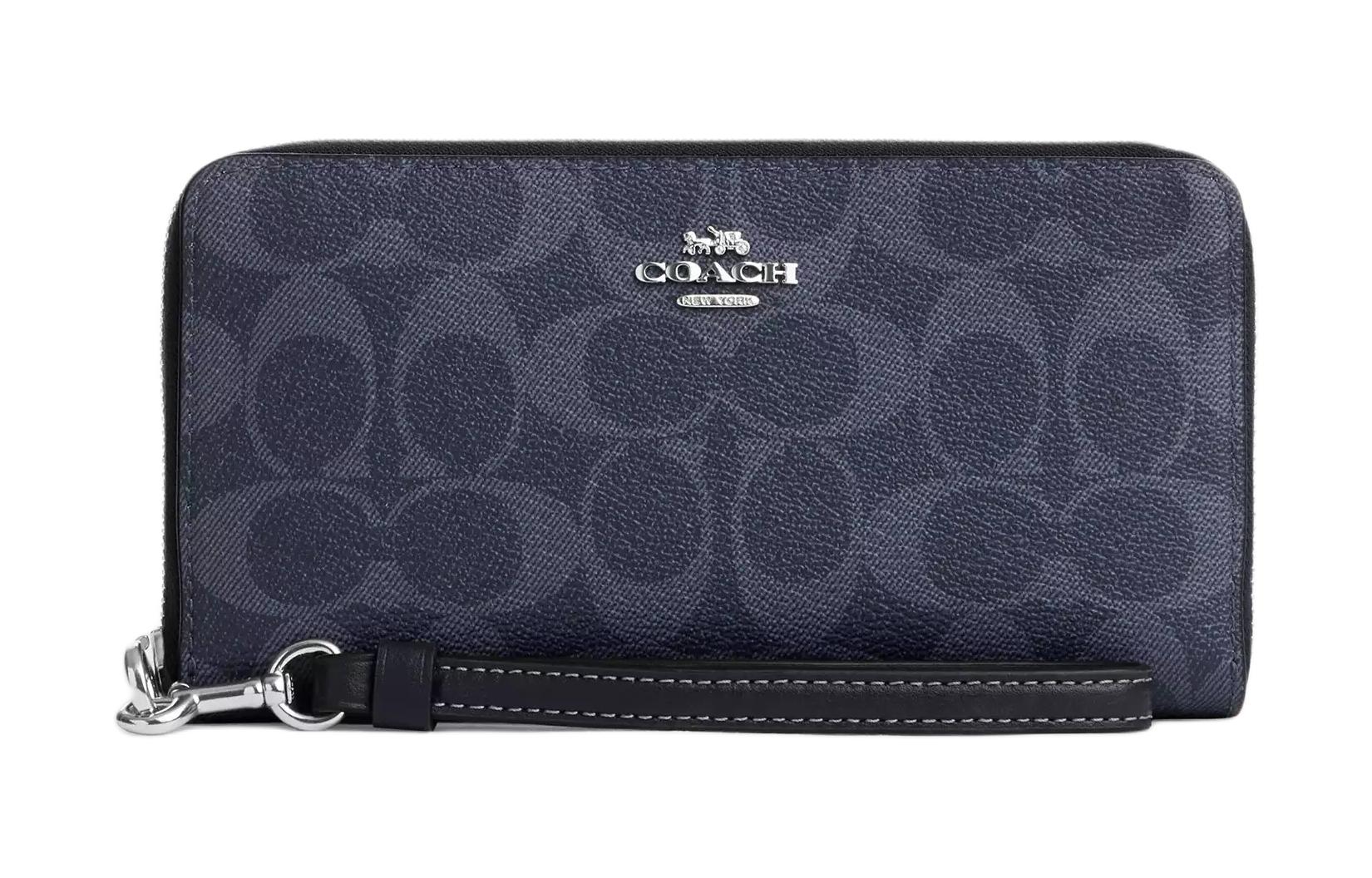 

COACH Кошелек-клатч Zip Around Coated Canvas с гладкой кожей малый унисекс Midnight Marine Blue