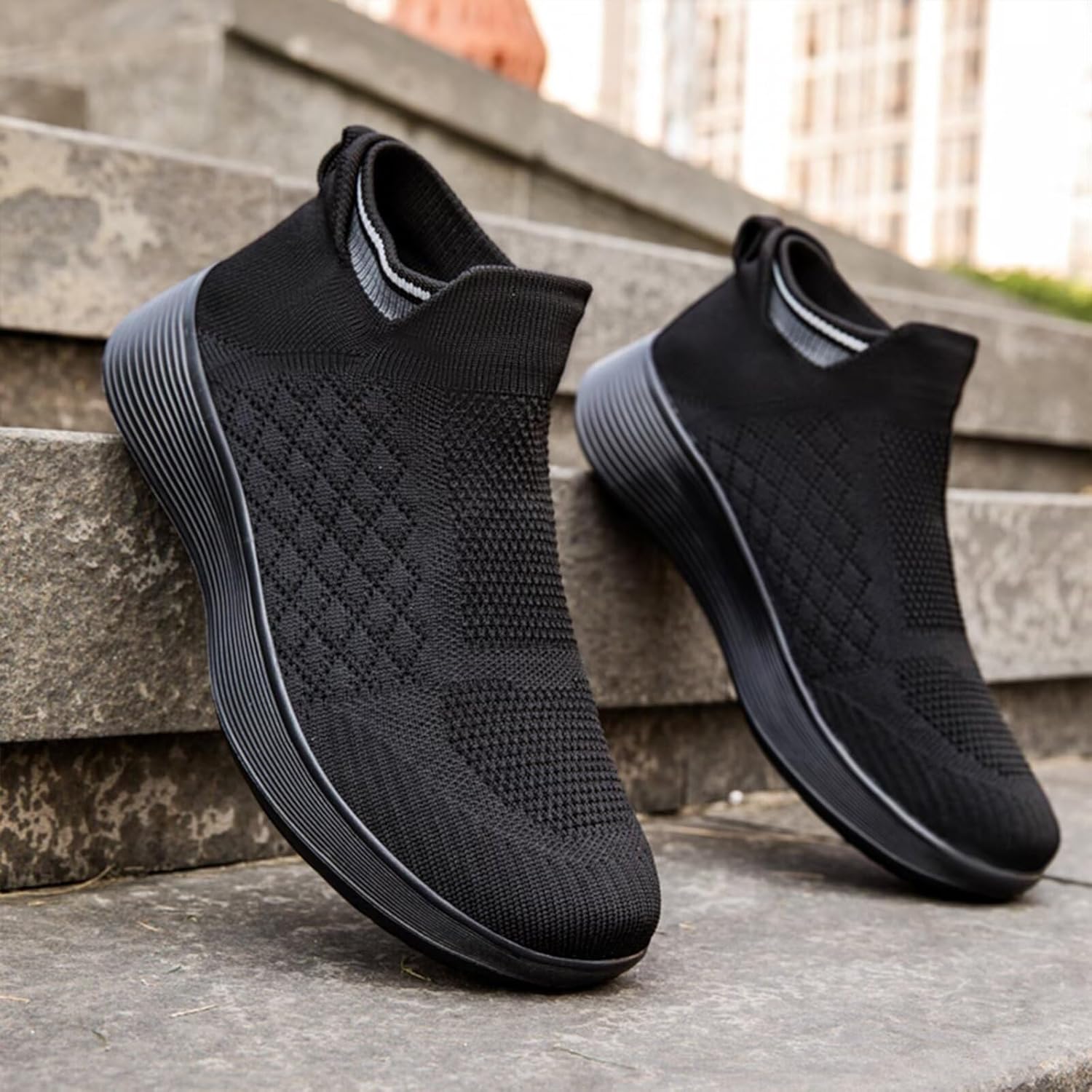 Кроссовки Ozefiad Slip-on для мужчин и женщин, сетчатые кеды без шнурков, повседневная обувь для прогулок, черный — фото 3