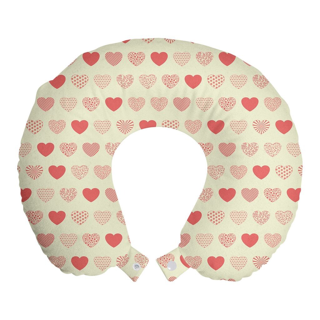 

Подушка для путешествий ABAKUHAUS Hearts, поддержка шеи, символы романтической любви, предметы из пенопласта для путешествий в самолете и автомобиле, 30x30 см, кремовый и коралловый