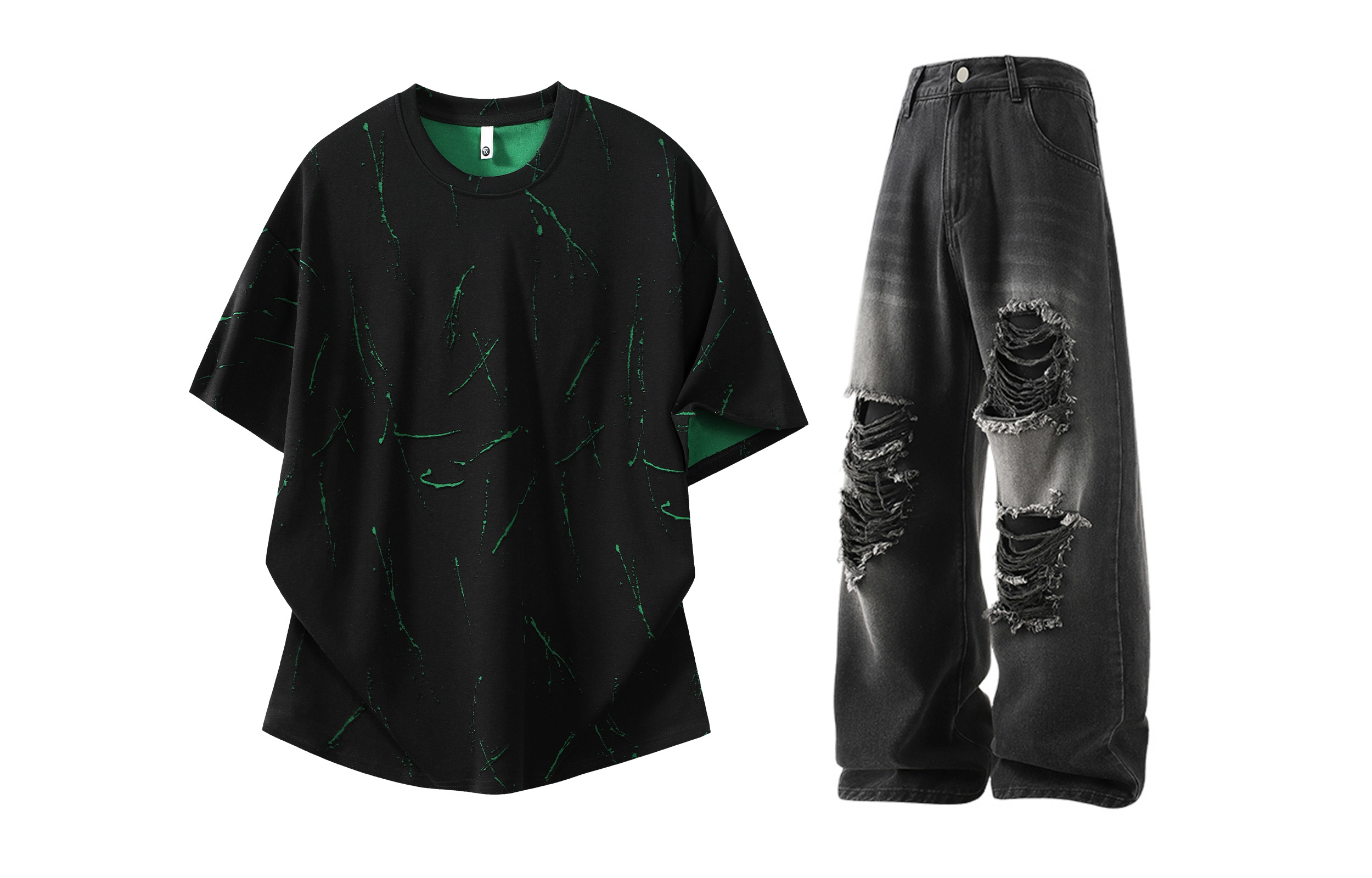 

Повседневный спортивный свитер с круглой горловиной Unisex Moderate X1617, черный зеленый short-sleeved top+черный ripped jeans