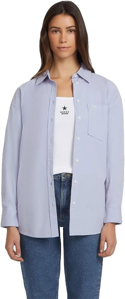 

GUESS Оверсайз Рубашка с Длинным Рукавом и Карманом, Light Blue Luxe