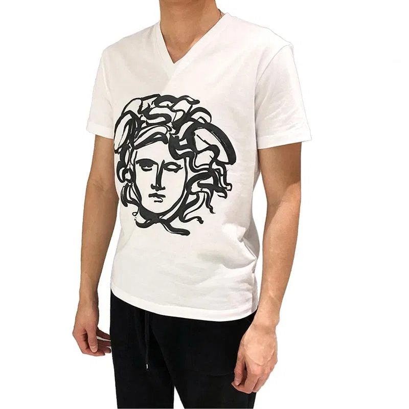 Футболка мужская белая V-образный вырез Moderate Straight Fit VERSACE, White — фото 4