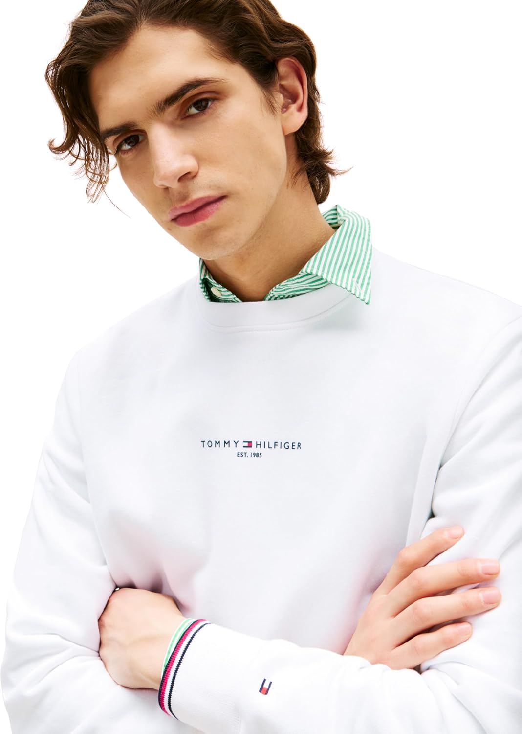 Мужская толстовка Tommy Hilfiger средней плотности с круглым вырезом и маленьким графическим логотипом, White — фото 2