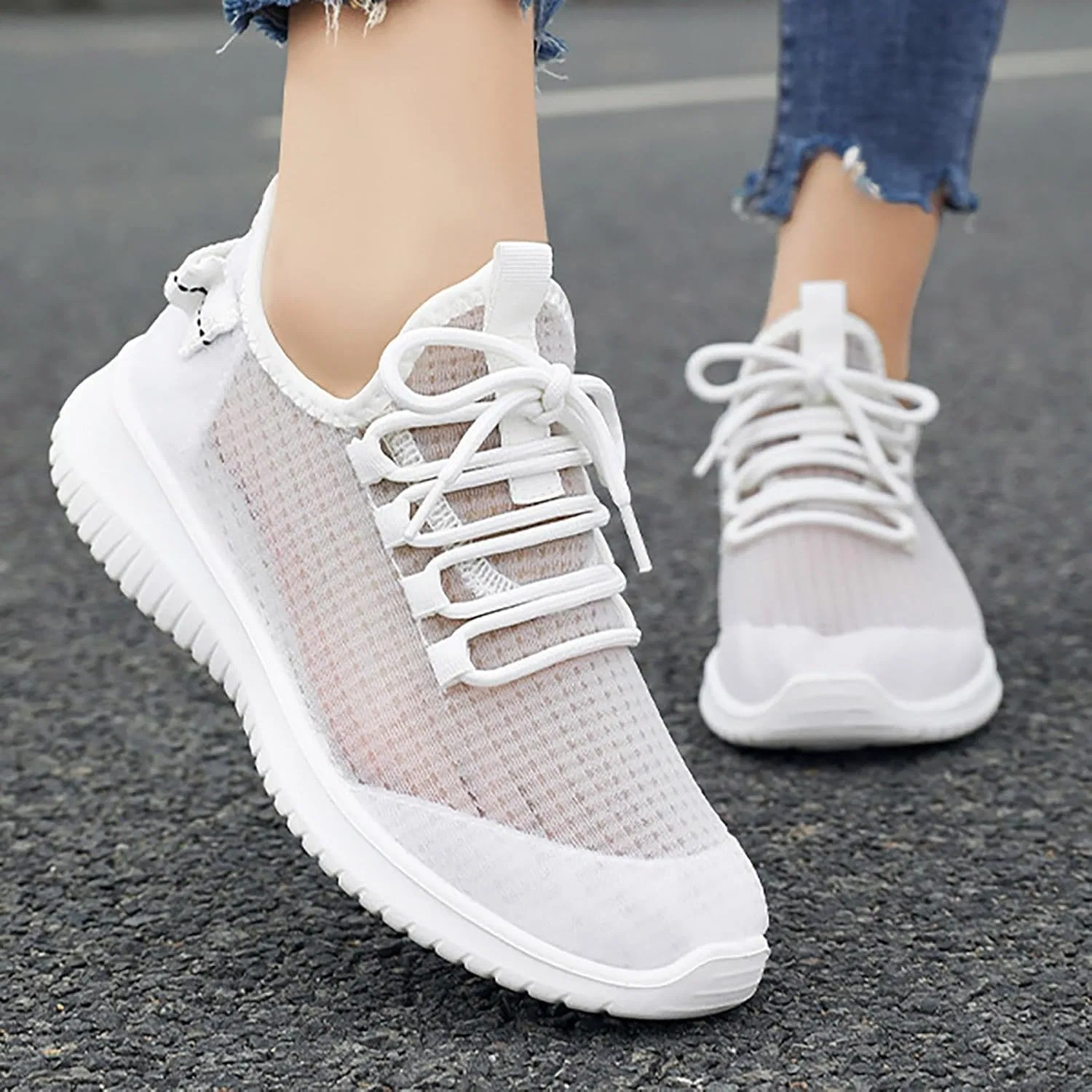 Женские летние легкие сетчатые спортивные кроссовки Fly Woven, дышащие и удобные, на шнуровке, повседневная обувь и ботинки для мужчин Generisch, White — фото 3