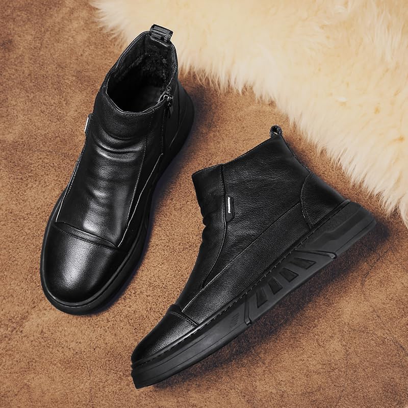 Мужские высокие повседневные кожаные ботинки, боковая молния, водонепроницаемые, с нескользящей подошвой, с теплой меховой подкладкой, деловые ботильоны, челси, чукка, короткие ботинки для мужчин Hhhchpm, черный — фото 3