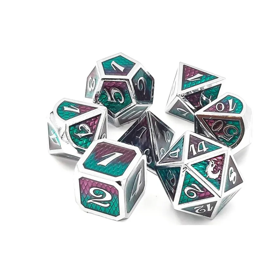 

Полимерный набор «Чешуйка дракона» — фиолетовый и зеленый (7), Metal Dice - Dragon Scale