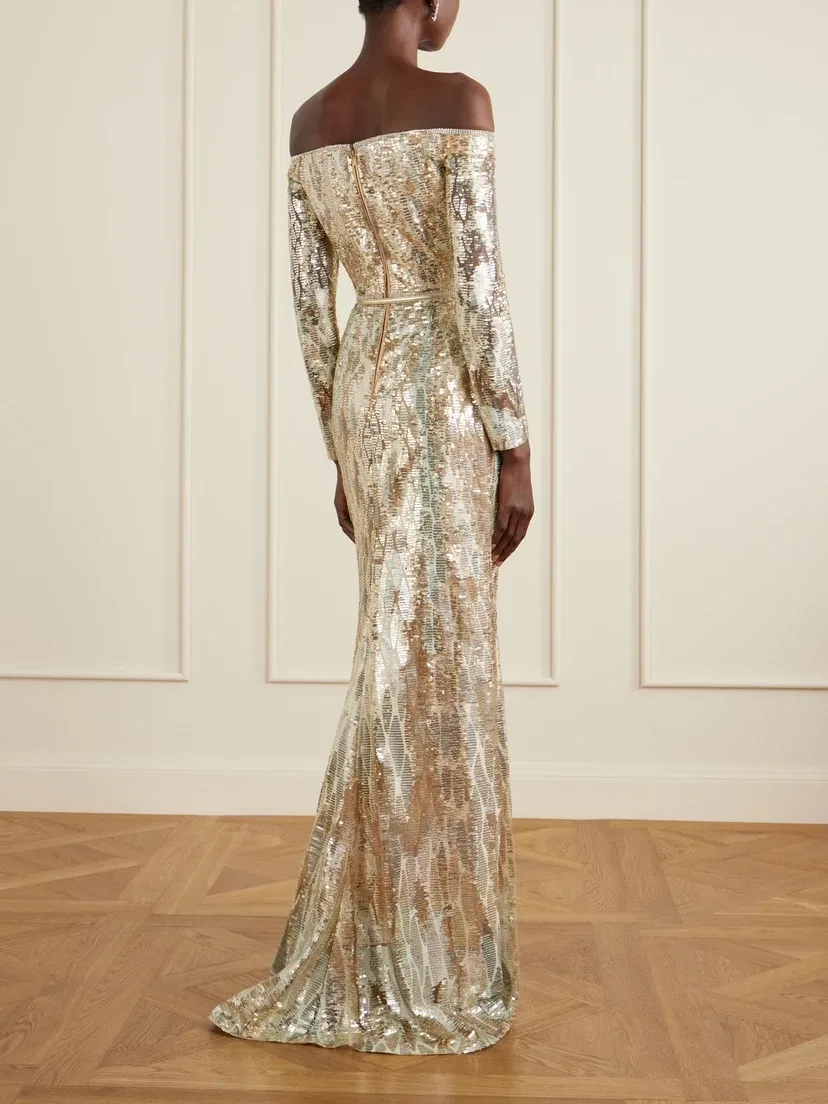 Атласное платье с открытыми плечами, украшенное пайетками Elie Saab, золотой — фото 3