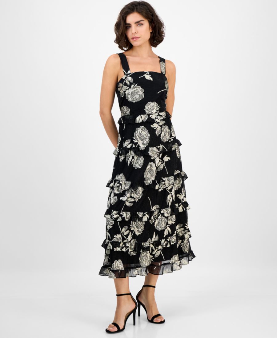 

Женское миди-платье с квадратным вырезом и ярусным декором из фольги Anne Klein, Gold/Anne Black