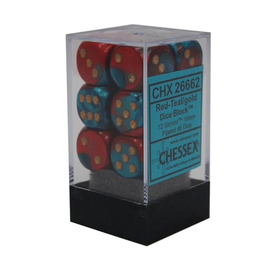 

d6 16 мм: красный с бирюзовым и золотым (12), Dice - Gemini - d6 16mm (Chessex)